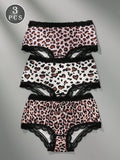 3 piezas de bragas de mujer sexy, suaves y transpirables con parches de encaje de estampado de leopardo