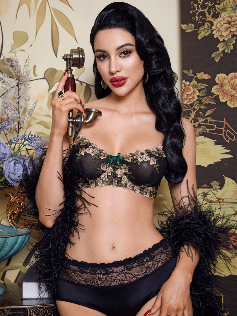 Pinupglam brassiere con encaje, bordado floral y brillo