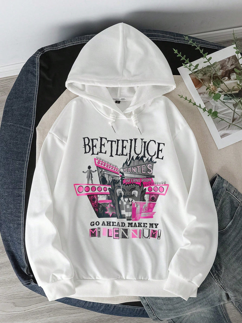 Beetlejuice x  sudadera holgada con capucha, estampado de dibujos animados y letras, hombros caidos, cordon ajustable, para primavera y otono, estilo casual para mujer