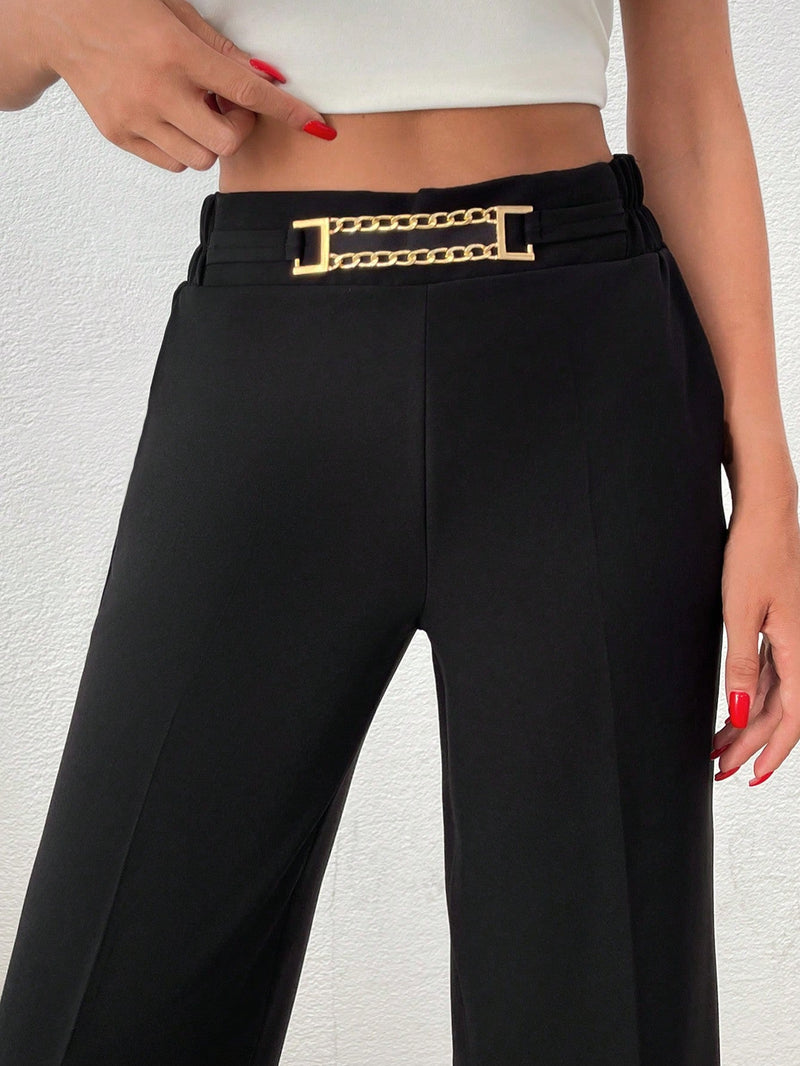 Pantalones rectos elegantes y casuales para mujer, de unicolor, con botones delanteros y decoracion metalica