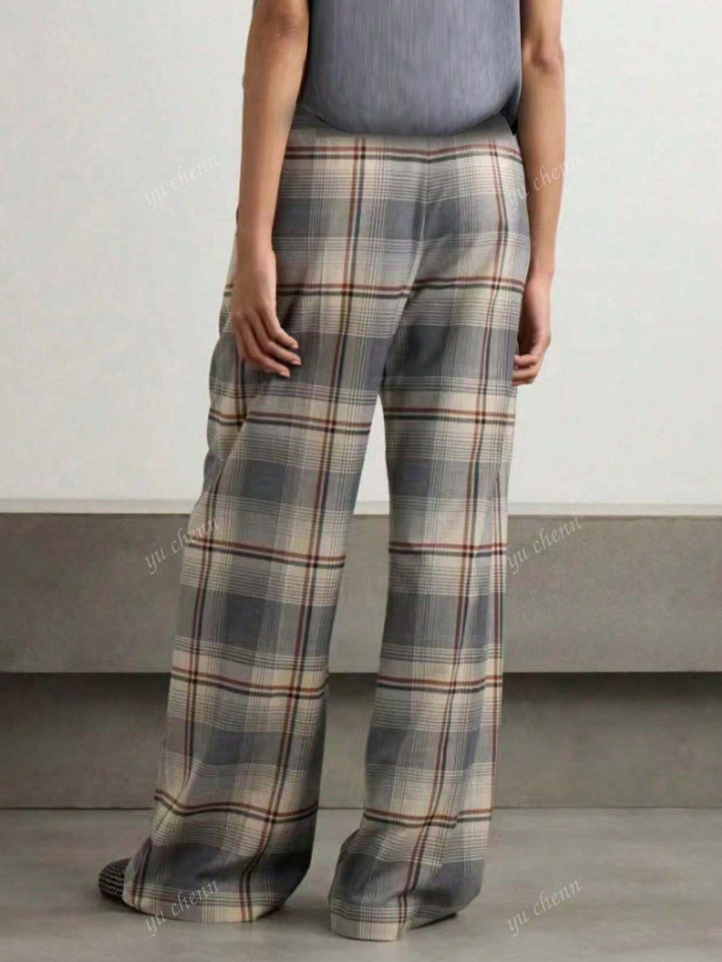 Pantalones rectos y sueltos con estampado de cuadros vintage casuales para primavera y otono para mujer