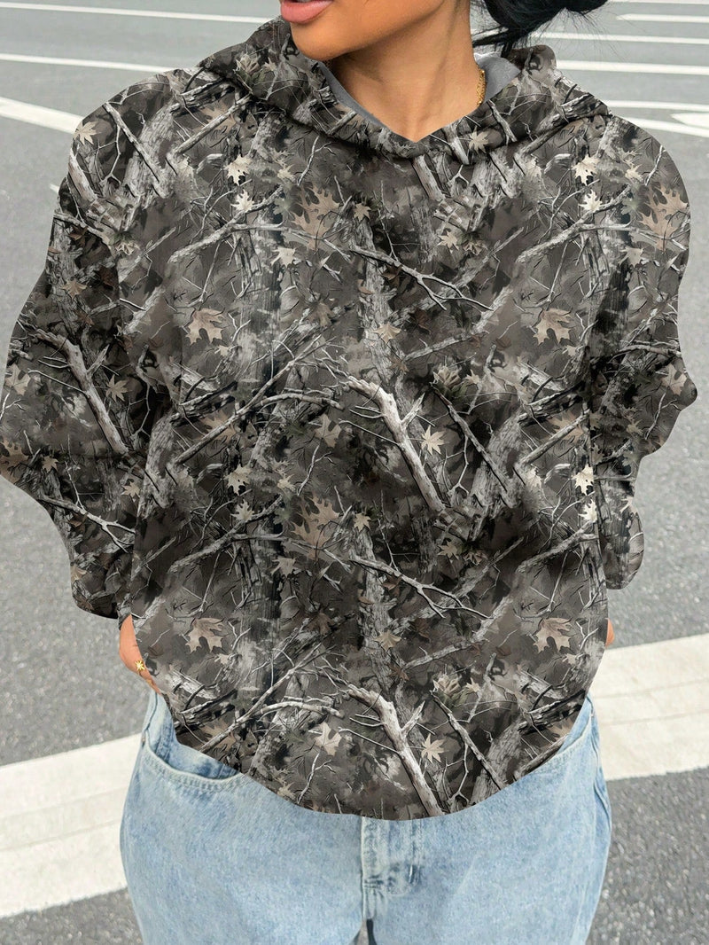 Muchic sudadera con capucha con estampado de leopardo minimalista informal, impreso en toda la prenda, otono invierno