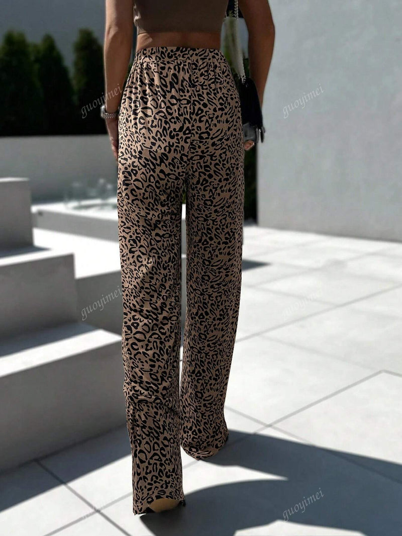 Pantalones anchos con estampado de leopardo, cintura con cordon, estilo suelto, otono