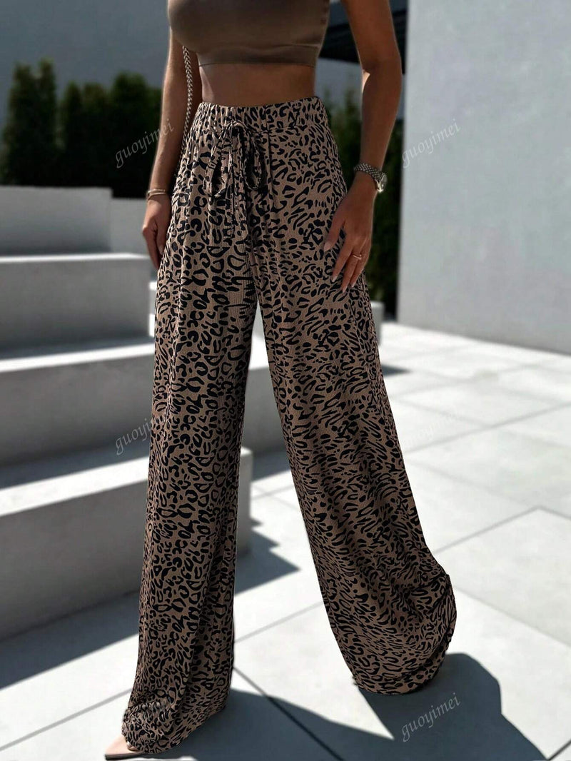 Pantalones anchos con estampado de leopardo, cintura con cordon, estilo suelto, otono