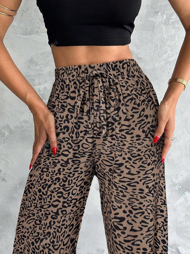 Pantalones anchos con estampado de leopardo, cintura con cordon, estilo suelto, otono