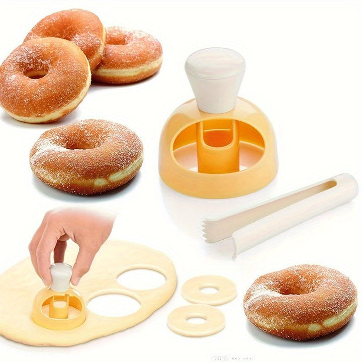 2 piezas de kit de fabricación de donas DIY - Molde de plástico PP no adherente con cuchara y pinzas, herramienta de cocina fácil de usar para donas caseras, suministros para fabricar donas, esenciales para hornear, diseño juguetón, plástico duradero
