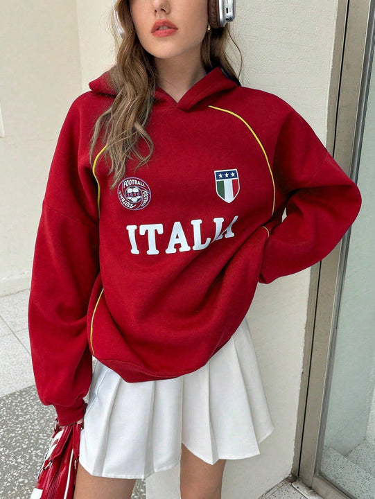 Ezwear sudadera holgada con capucha de estilo deportivo minimalista casual con patron de letra de mexico, para mujer, otono/invierno