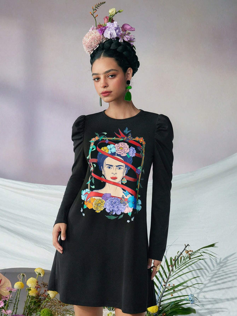 Frida kahlo x  vestido de cuello redondo con mangas de carnero negro para otono e invierno, retrato de planta, surrealismo, autorretratos, ceja unica, vestido tehuana, colibri, diego rivera, mexico