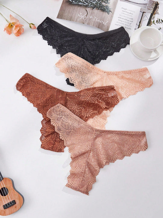 3 piezas bragas multicolor aleatorias para mujer con encaje floral y ondas, elegantes y comodas, diseno de tanga