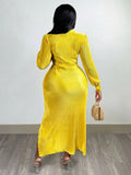 Slayr vestido de mujer con falda larga de tejido de punto brillante amarillo, cuello de camisa, manga larga con cuello en v, solape en la cintura, abertura alta hasta el muslo, otonal, casual y elegante - e