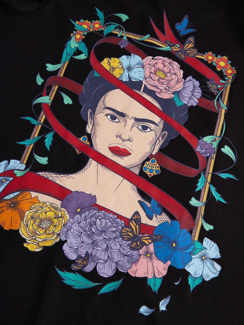 Frida kahlo x  vestido de cuello redondo con mangas de carnero negro para otono e invierno, retrato de planta, surrealismo, autorretratos, ceja unica, vestido tehuana, colibri, diego rivera, mexico