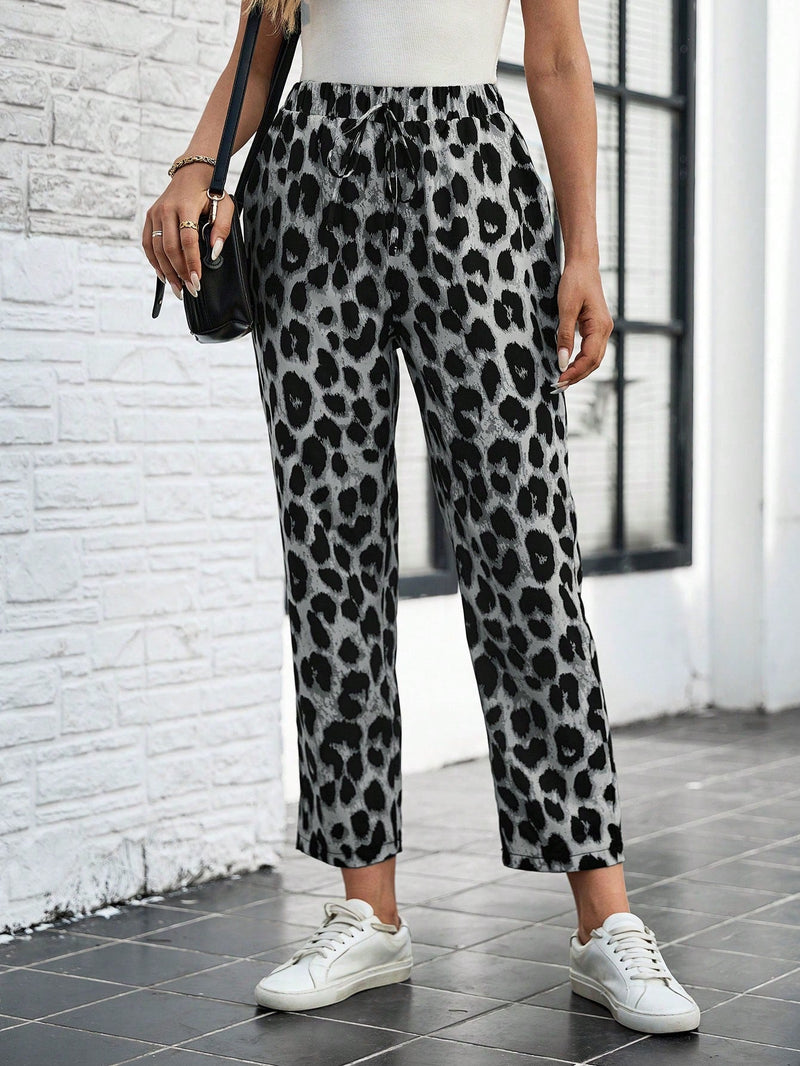 Lune pantalones elegantes de talle alto y largo con estampado de leopardo vintage, de uso casual y para la oficina, con tobillo entallado