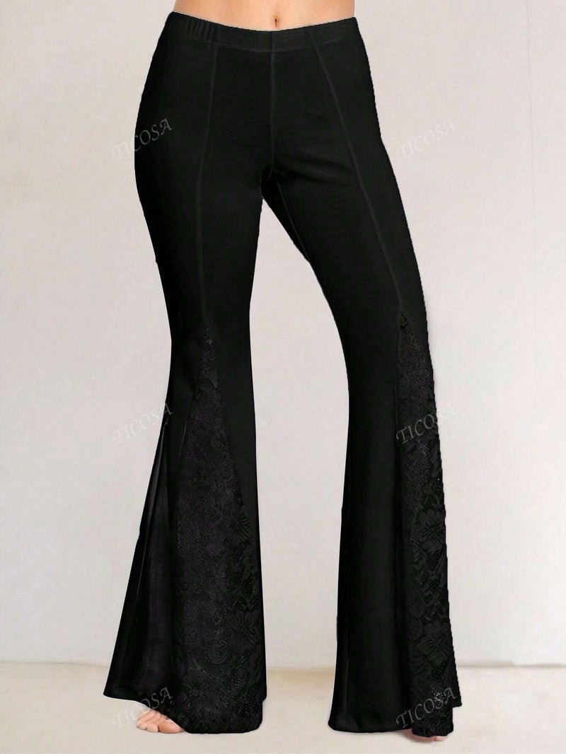 Pantalon evase elegante de unicolor con encaje de contraste