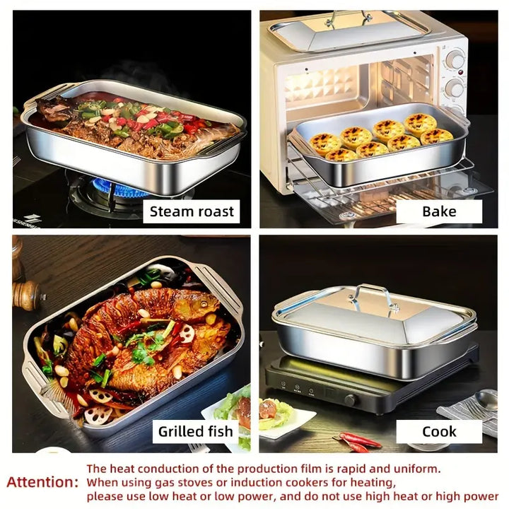 Bandja de horno rectangular extra grande de acero inoxidable pesado con tapa - Sartén para horno gruesa antiadherente para postres, pan, mariscos - Ideal para BBQ, buffet y festividades