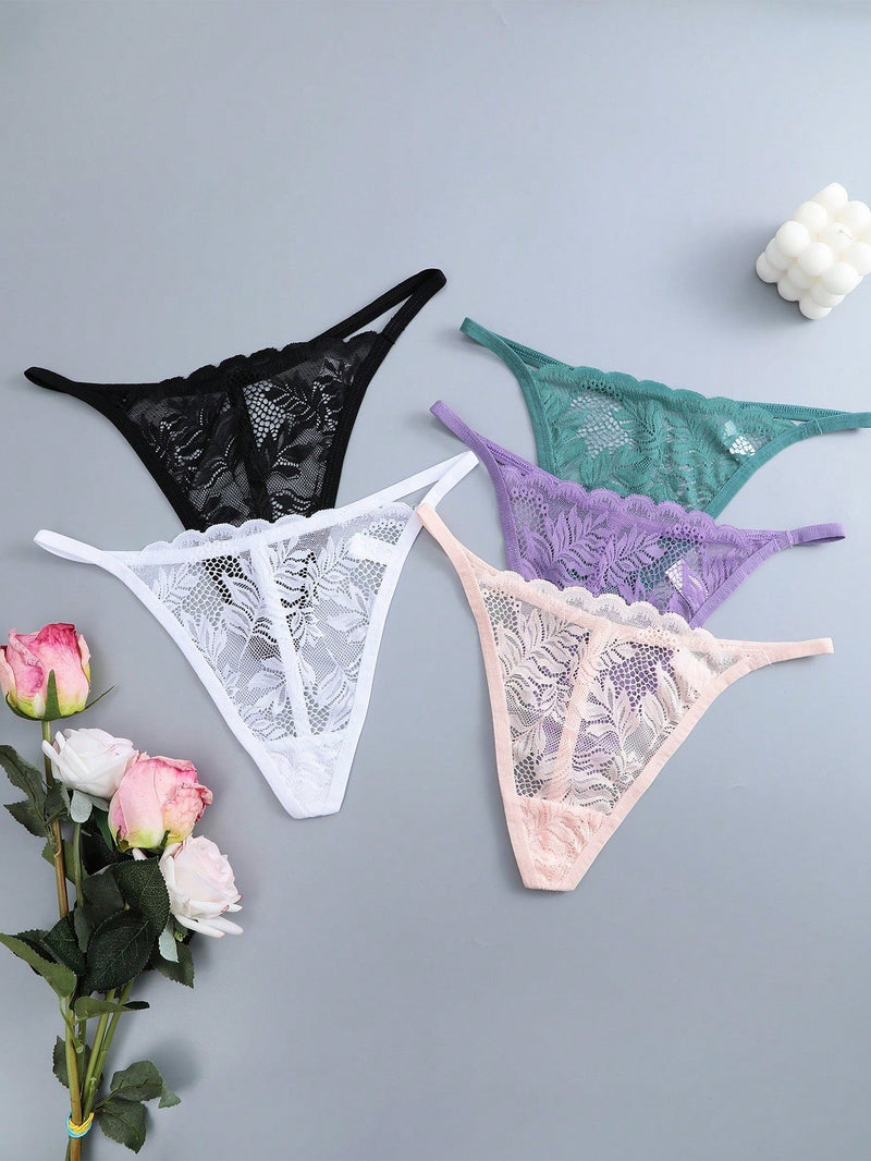 Set de 5 tangas sexy de mujer de cintura baja y unicolor con encaje floral, lenceria para damas