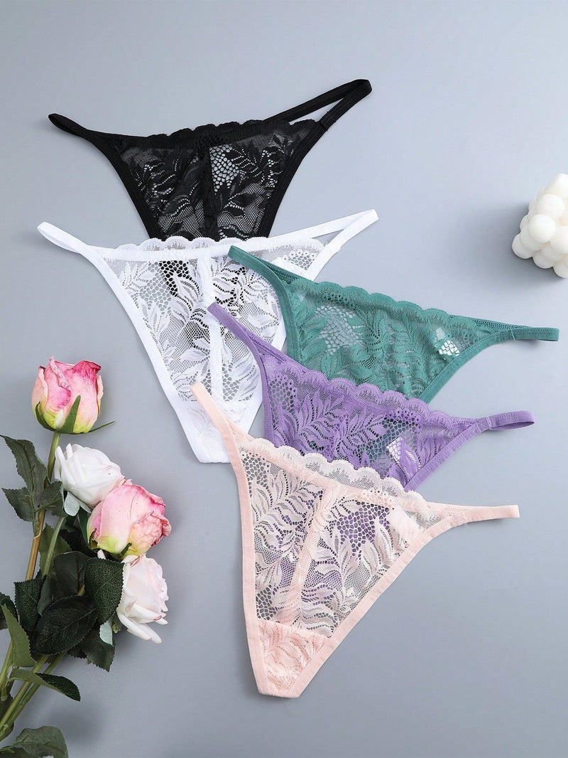 Set de 5 tangas sexy de mujer de cintura baja y unicolor con encaje floral, lenceria para damas