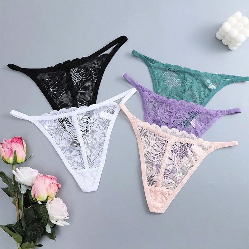 Set de 5 tangas sexy de mujer de cintura baja y unicolor con encaje floral, lenceria para damas