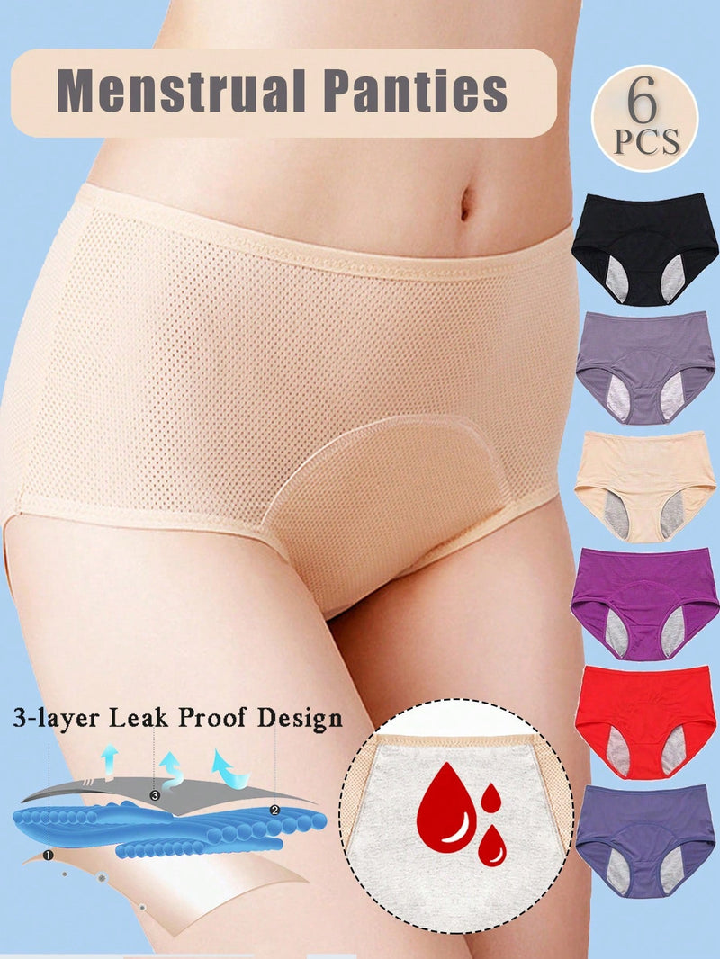 6 piezas pantaletas basicas para mujer, pantalones cortos de seguridad durante el periodo menstrual, ropa interior fisiologica con panel de malla transpirable, sin costuras, de cintura alta, con forma de triangulo, comodos, con proteccion contra fugas,