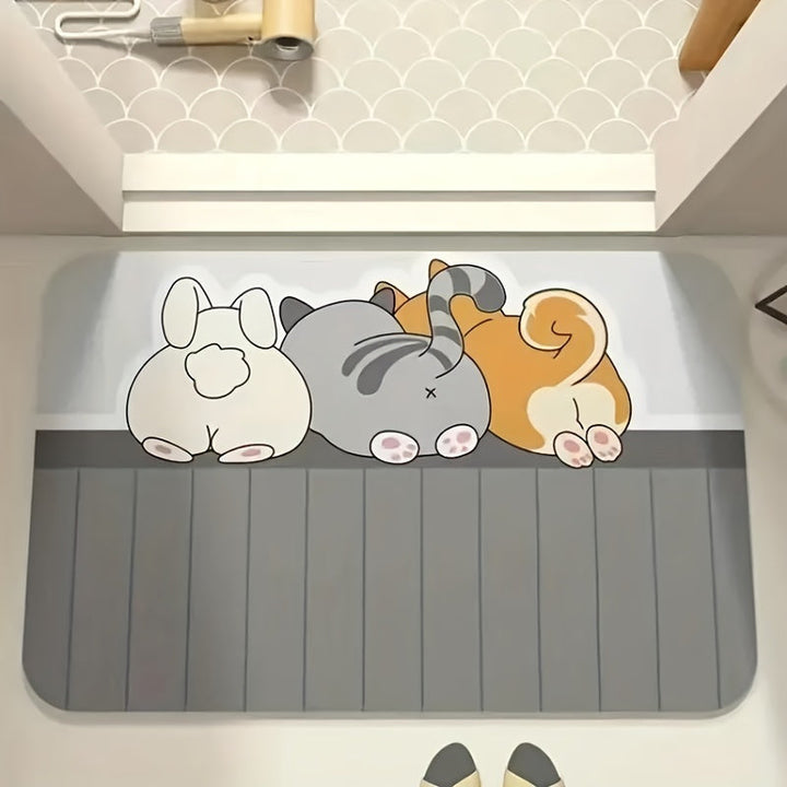 Alfombra Absorbente de Secado Rápido con Animales de Dibujos Animados Encantadores - Antideslizante, Sin Olor, Tierra de Diatomeas, Perfecta para Entradas de Baño y Cocina, Diseño de Conejo y Gato Lindo, Poliéster Suave