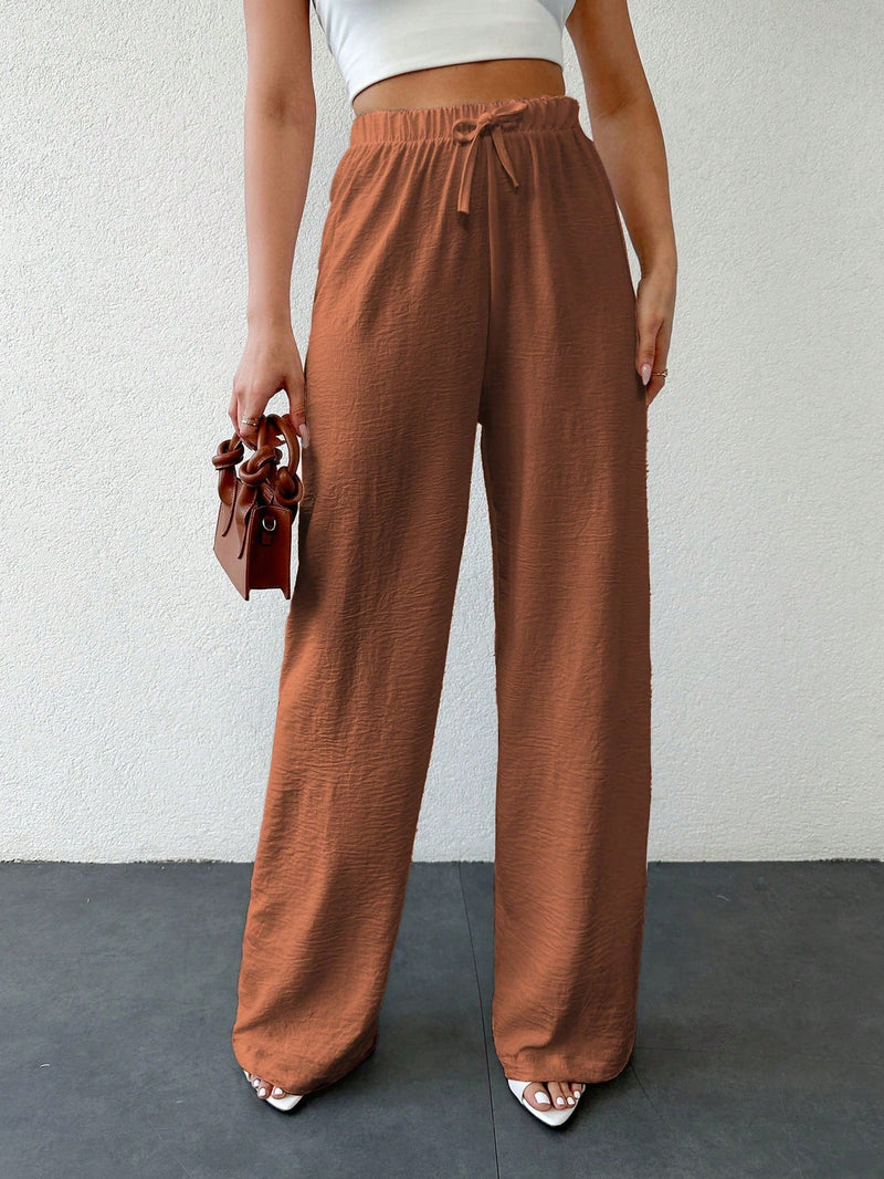 Tall pantalones casuales para mujer de algodon con nudo y unicolor y tiro alto