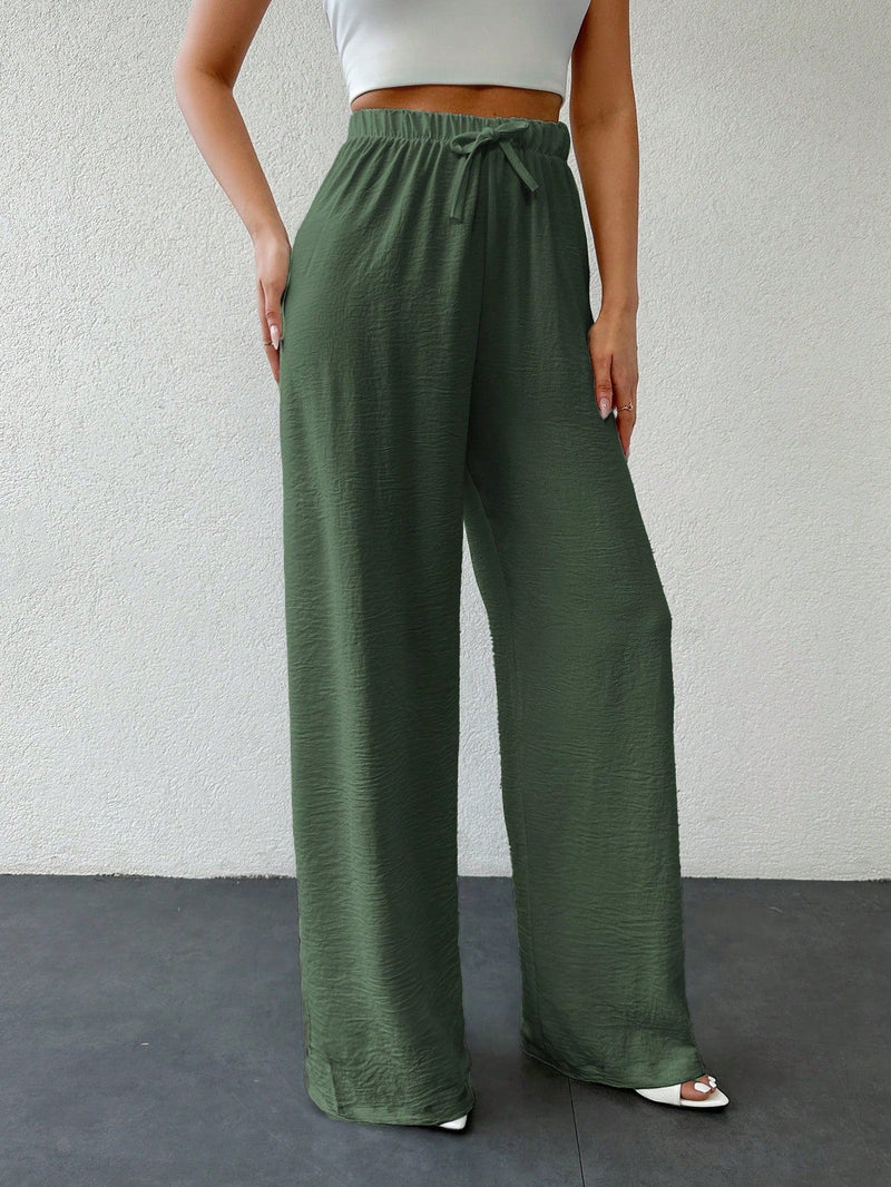 Tall pantalones de mujer casuales de talla alta con nudo y unicolor de algodon