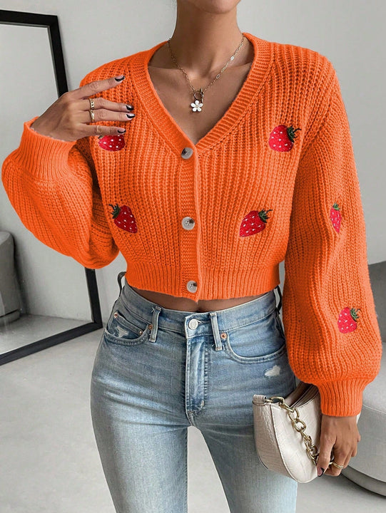 Moosta cardigan holgado de mujer con mangas farol, hombros caidos y bordado de fresa de estilo casual