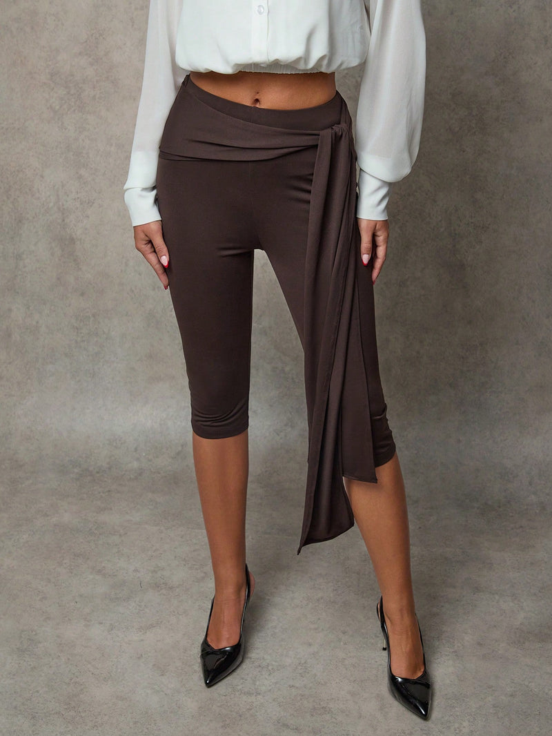 Bae pantalones de mujer solidos de color marron, versatiles, con cintura anudable y ajustados hasta 7/8 de largo, pantalones de otono