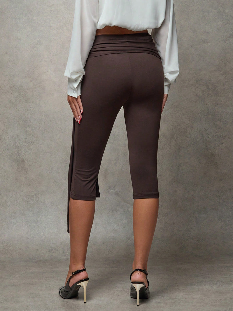 Bae pantalones de mujer solidos de color marron, versatiles, con cintura anudable y ajustados hasta 7/8 de largo, pantalones de otono