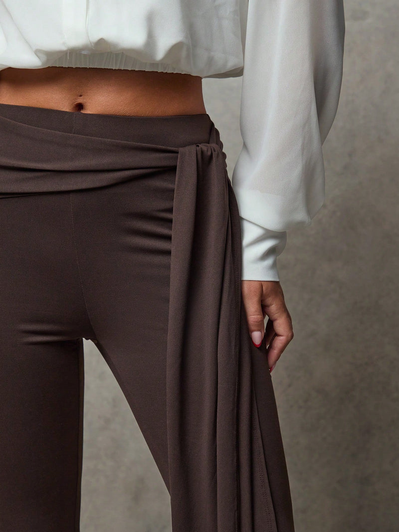 Bae pantalones de mujer solidos de color marron, versatiles, con cintura anudable y ajustados hasta 7/8 de largo, pantalones de otono