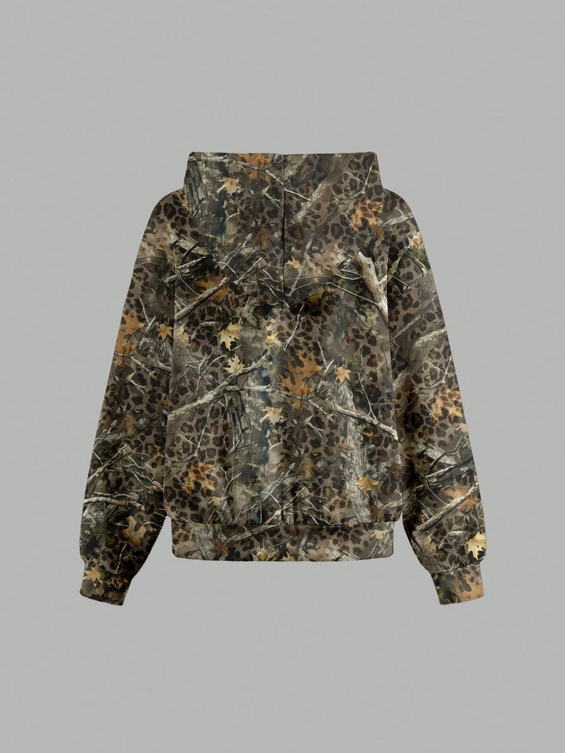 Muchic sudadera con capucha con estampado de leopardo minimalista informal, impreso en toda la prenda, otono invierno