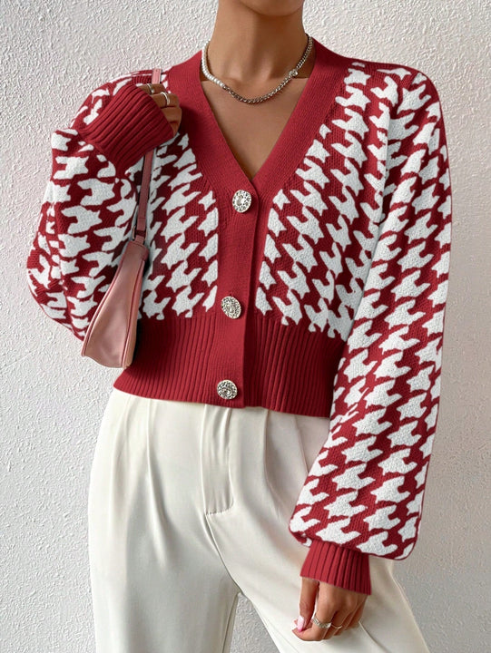 Essnce cardigan casual de mujer con botones y mangas de farol, dobladillo ancho y estampado de pata de gallo