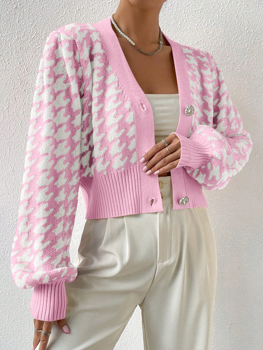 Essnce cardigan casual de mujer con botones y mangas de farol, dobladillo ancho y estampado de pata de gallo