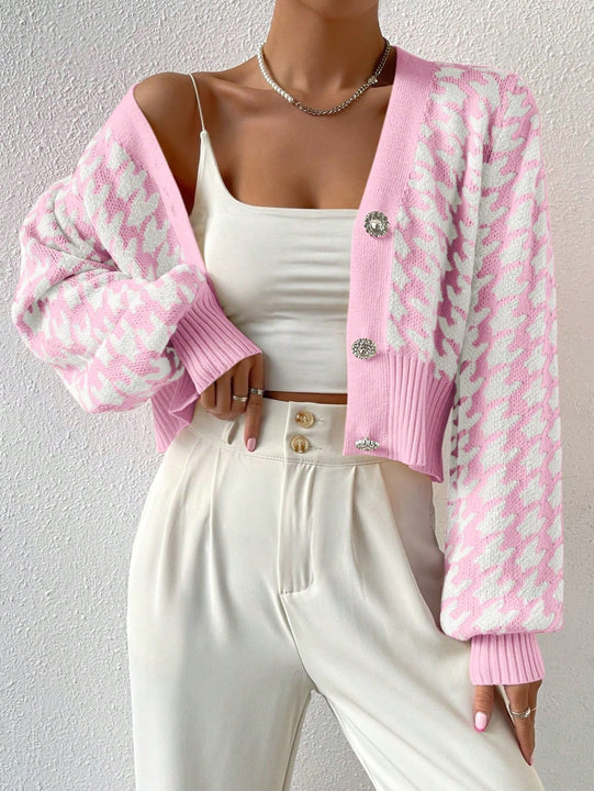 Essnce cardigan casual de mujer con botones y mangas de farol, dobladillo ancho y estampado de pata de gallo