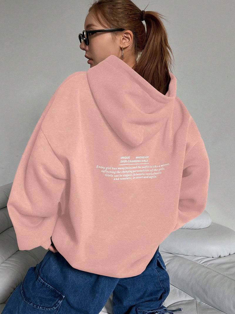 Dazy sudadera casual con capucha con cordon, estampado de letras y hombros caidos para mujer, otono/invierno