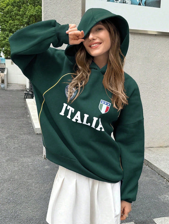 Ezwear sudadera holgada con capucha de estilo deportivo minimalista casual con patron de letra de mexico, para mujer, otono/invierno