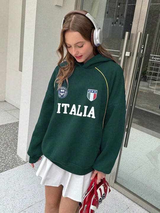 Ezwear sudadera holgada con capucha de estilo deportivo minimalista casual con patron de letra de mexico, para mujer, otono/invierno