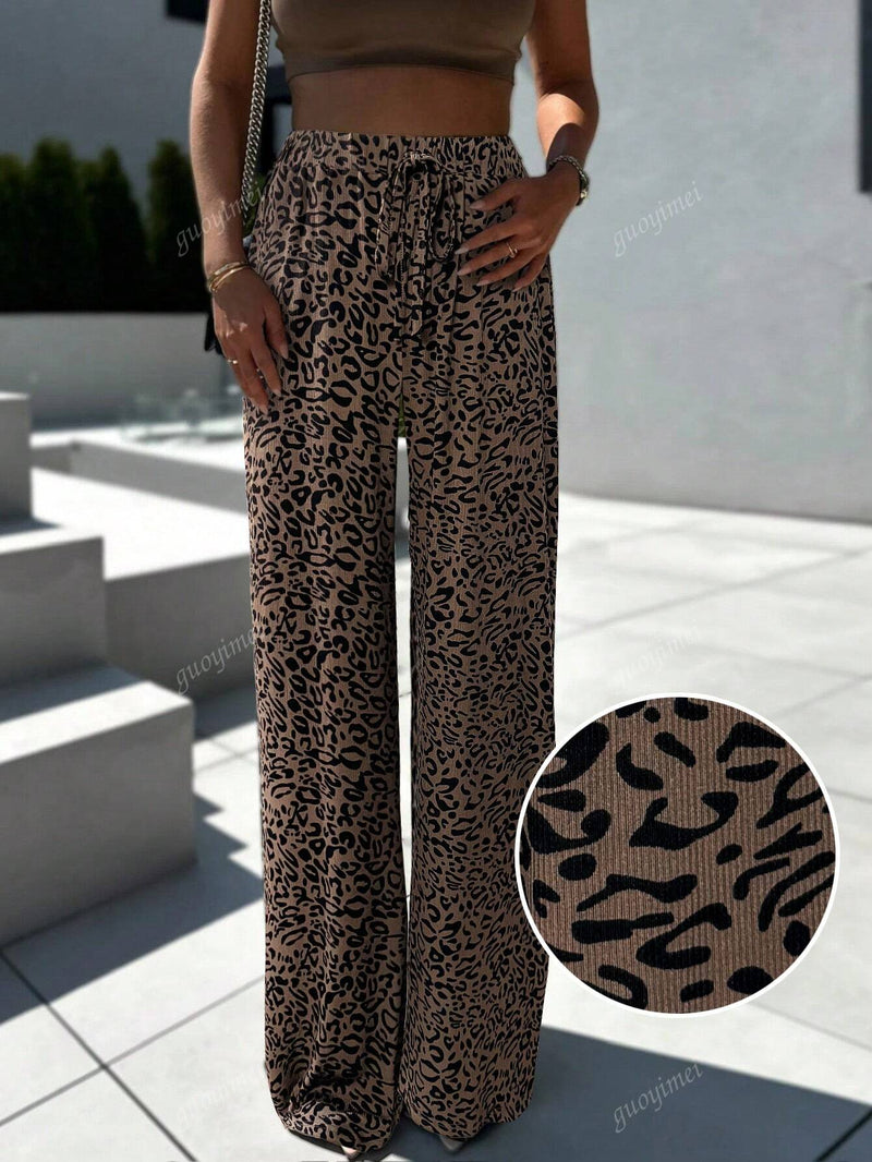 Pantalones anchos con estampado de leopardo, cintura con cordon, estilo suelto, otono