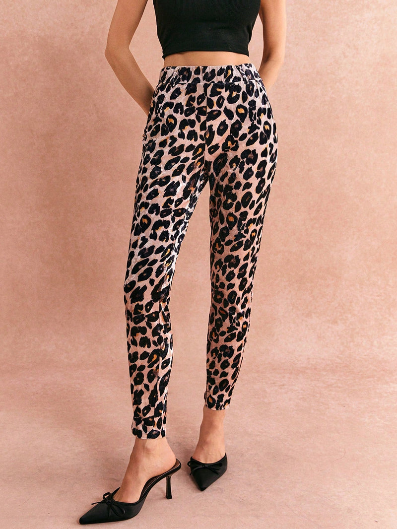 Poeselle pantalones casuales rectos con bolsillos y estampado de leopardo para mujer