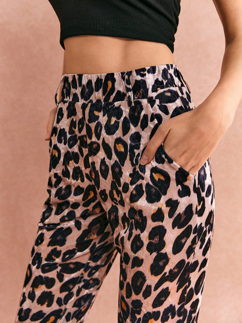 Poeselle pantalones casuales rectos con bolsillos y estampado de leopardo para mujer