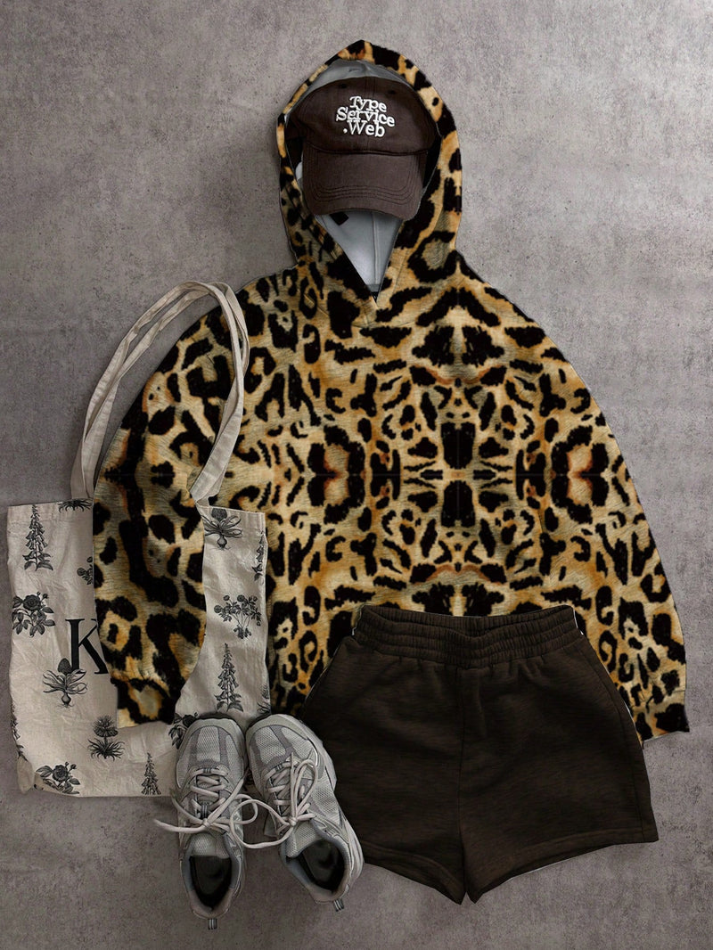 Muchic sudadera con capucha con estampado de leopardo minimalista informal, impreso en toda la prenda, otono invierno