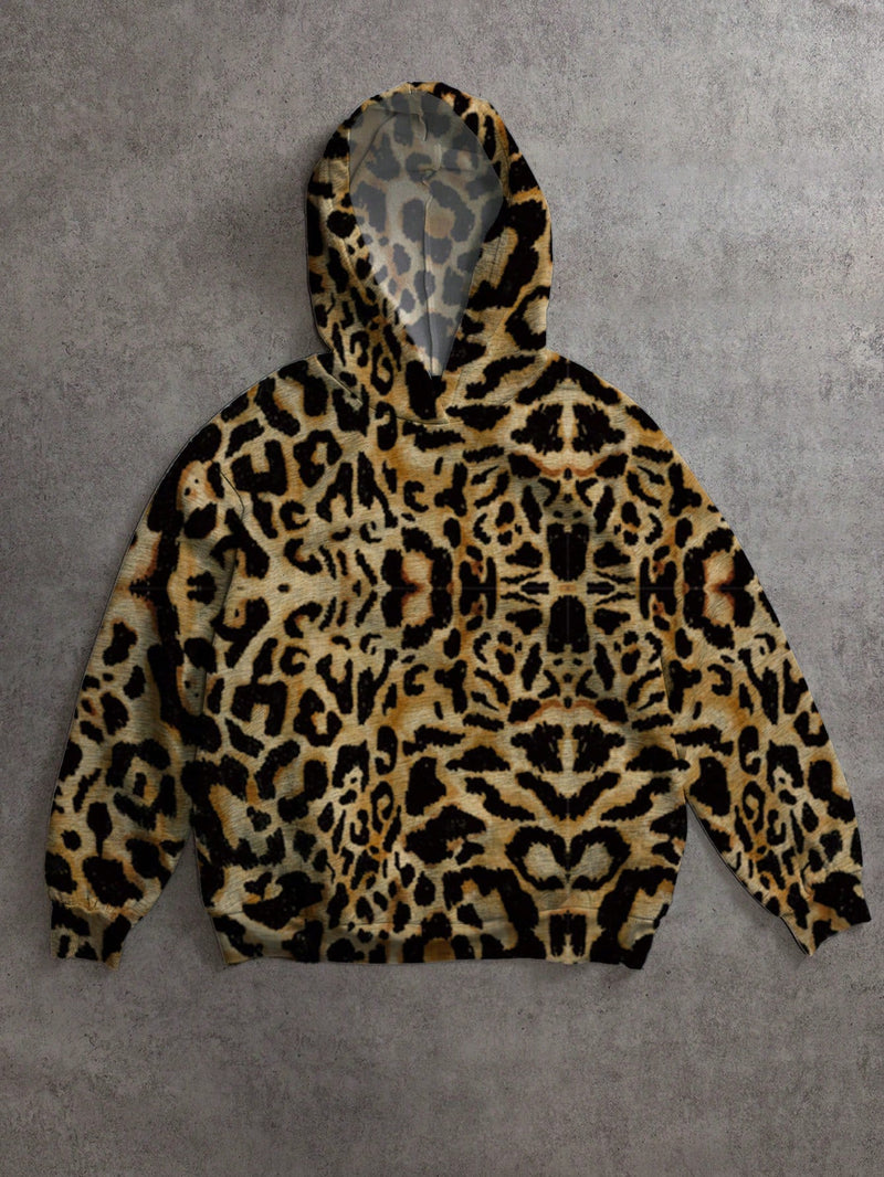 Muchic sudadera con capucha con estampado de leopardo minimalista informal, impreso en toda la prenda, otono invierno