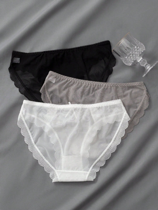 3 piezas de ropa interior de encaje para mujer, pantalones comodos, suaves y transpirables de cintura media