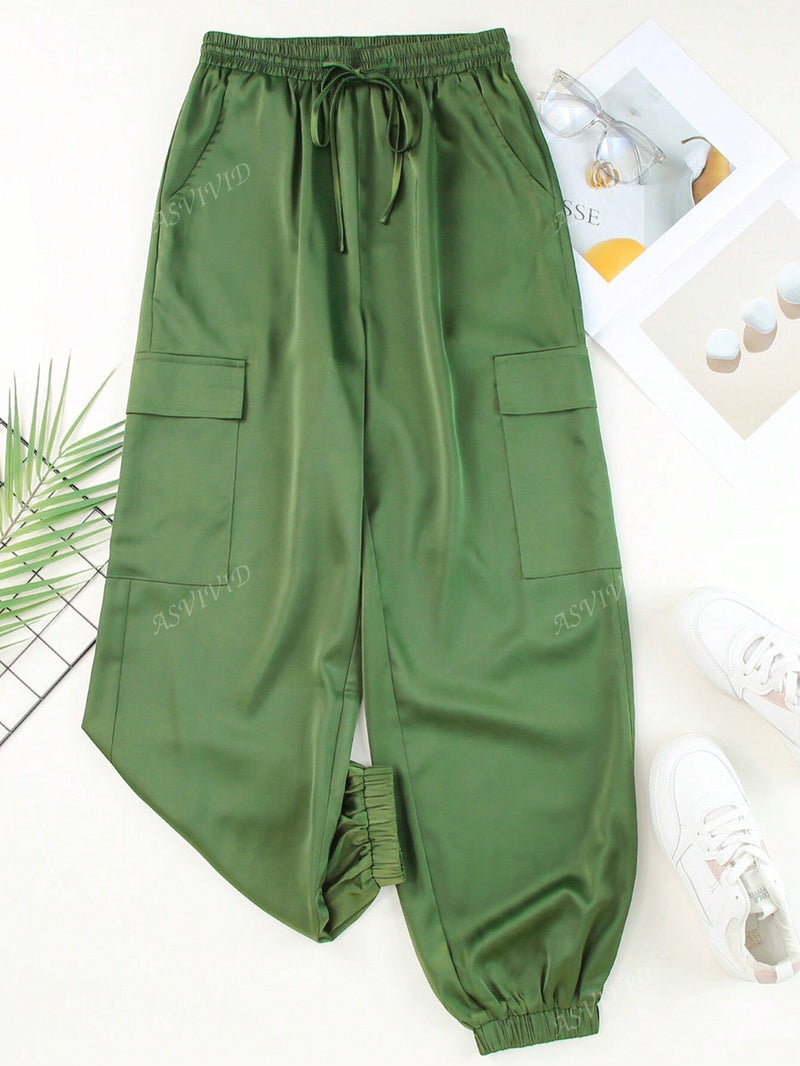 Pantalones cargo de mujer con bolsillo con solapa, cordon y cintura elastica