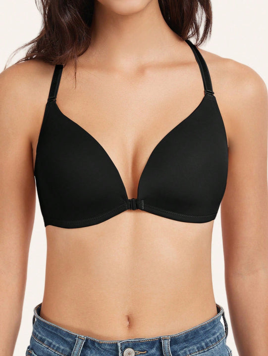 1 pieza sujetador con cierre delantero sexy, con relleno y efecto pushup, con tirantes ajustables, lenceria comoda y transpirable de encaje con espalda de tirantes cruzados para mujer