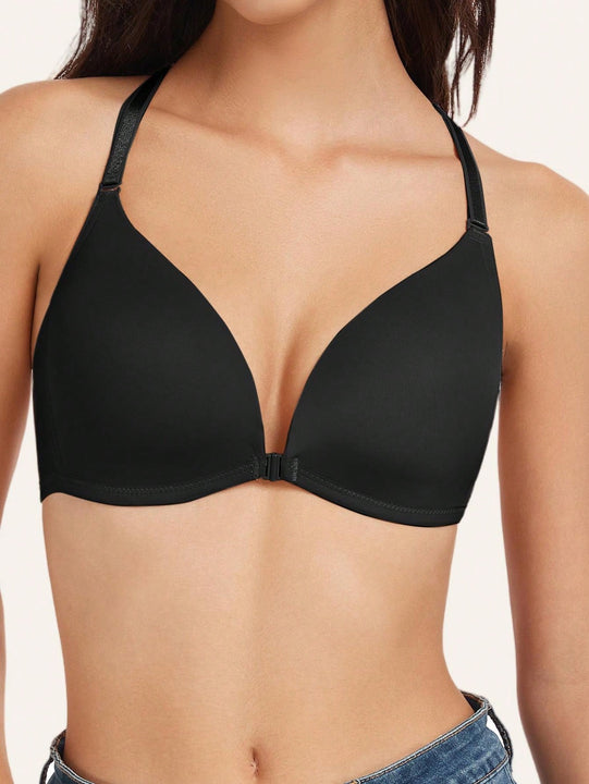 1 pieza sujetador con cierre delantero sexy, con relleno y efecto pushup, con tirantes ajustables, lenceria comoda y transpirable de encaje con espalda de tirantes cruzados para mujer