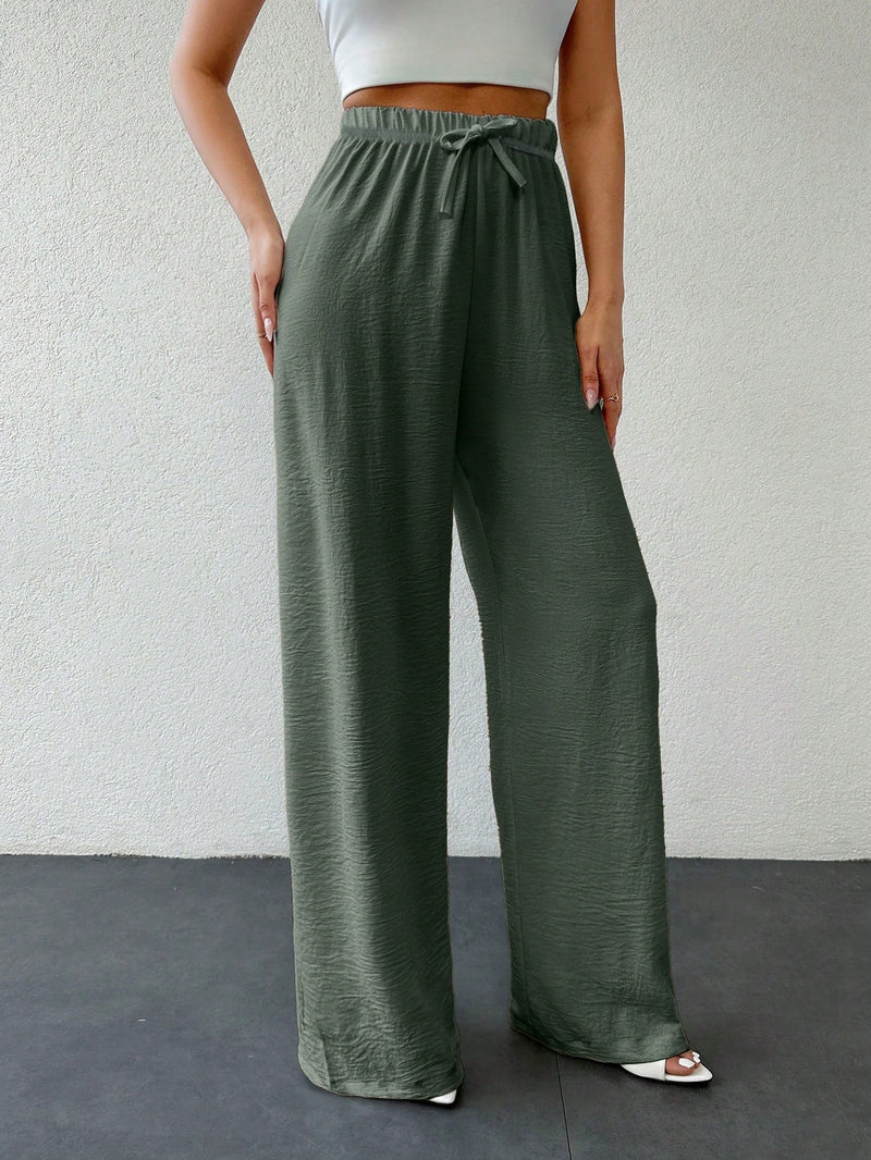 Tall pantalones de mujer casuales de talla alta con nudo y unicolor de algodon