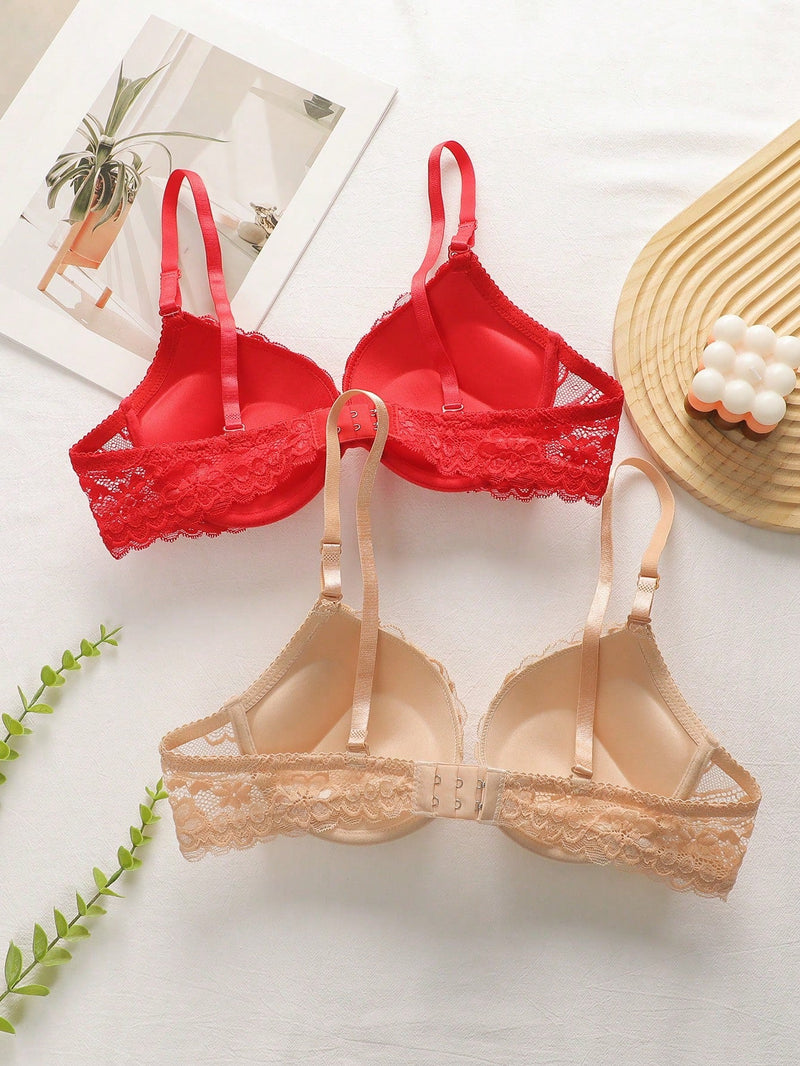 2 piezas de sujetadores con aros de encaje floral rojo/albaricoque con efecto push-up para mujer, ropa interior femenina con cierre trasero para busto/pecho pequeno, lenceria sexy y de unicolor para pechos pequenos, sosten de apoyo con tirantes