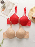 2 piezas de sujetadores con aros de encaje floral rojo/albaricoque con efecto push-up para mujer, ropa interior femenina con cierre trasero para busto/pecho pequeno, lenceria sexy y de unicolor para pechos pequenos, sosten de apoyo con tirantes