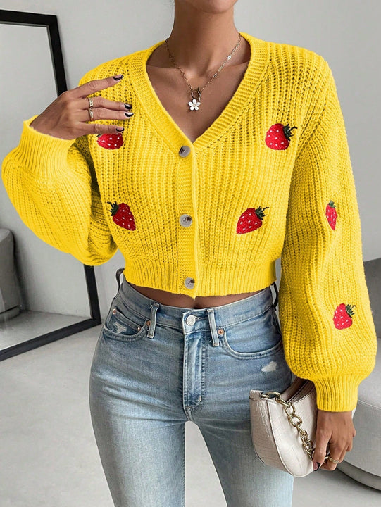 Moosta cardigan holgado de mujer con mangas farol, hombros caidos y bordado de fresa de estilo casual