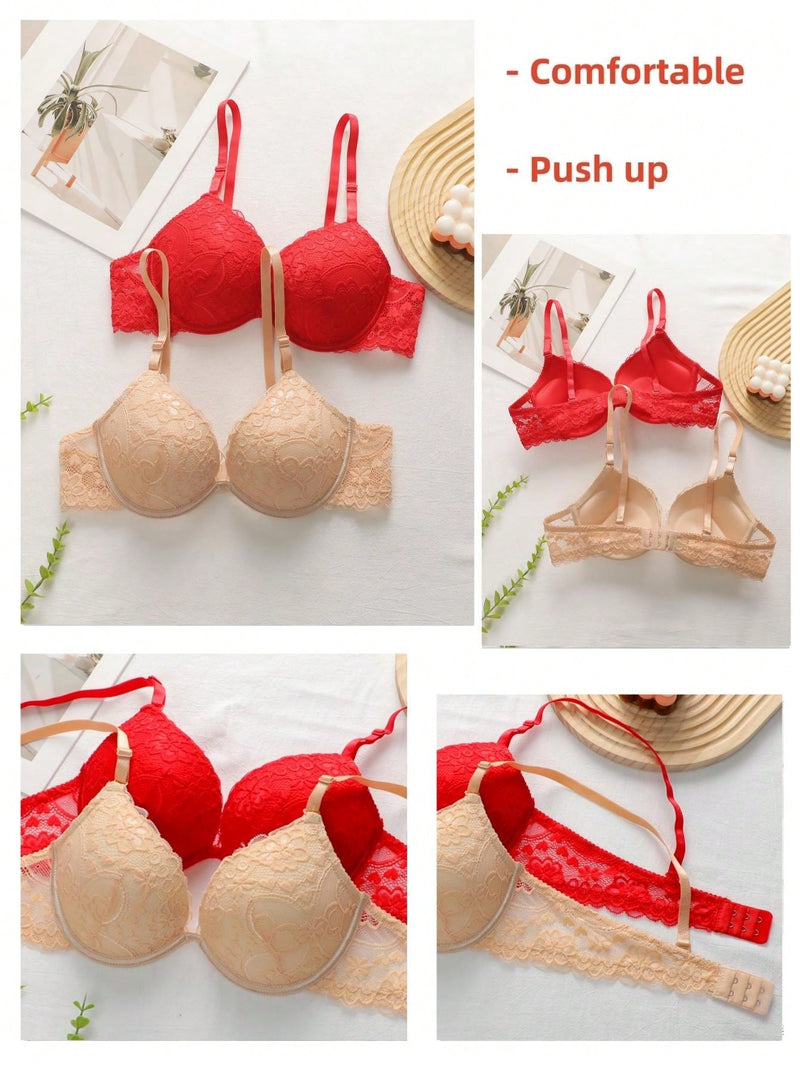 2 piezas de sujetadores con aros de encaje floral rojo/albaricoque con efecto push-up para mujer, ropa interior femenina con cierre trasero para busto/pecho pequeno, lenceria sexy y de unicolor para pechos pequenos, sosten de apoyo con tirantes